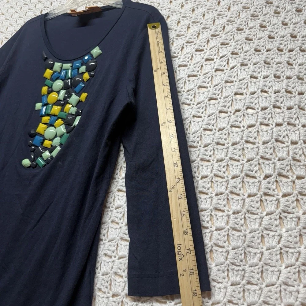 Tory Burch Top Shirt Size M Navy Blue 3/4 Sleeve‎  Bling Cotton Modal  Blouse